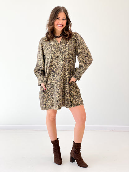 Leopard print long-sleeve V-neck puff dress with gathered cuffs and short hem