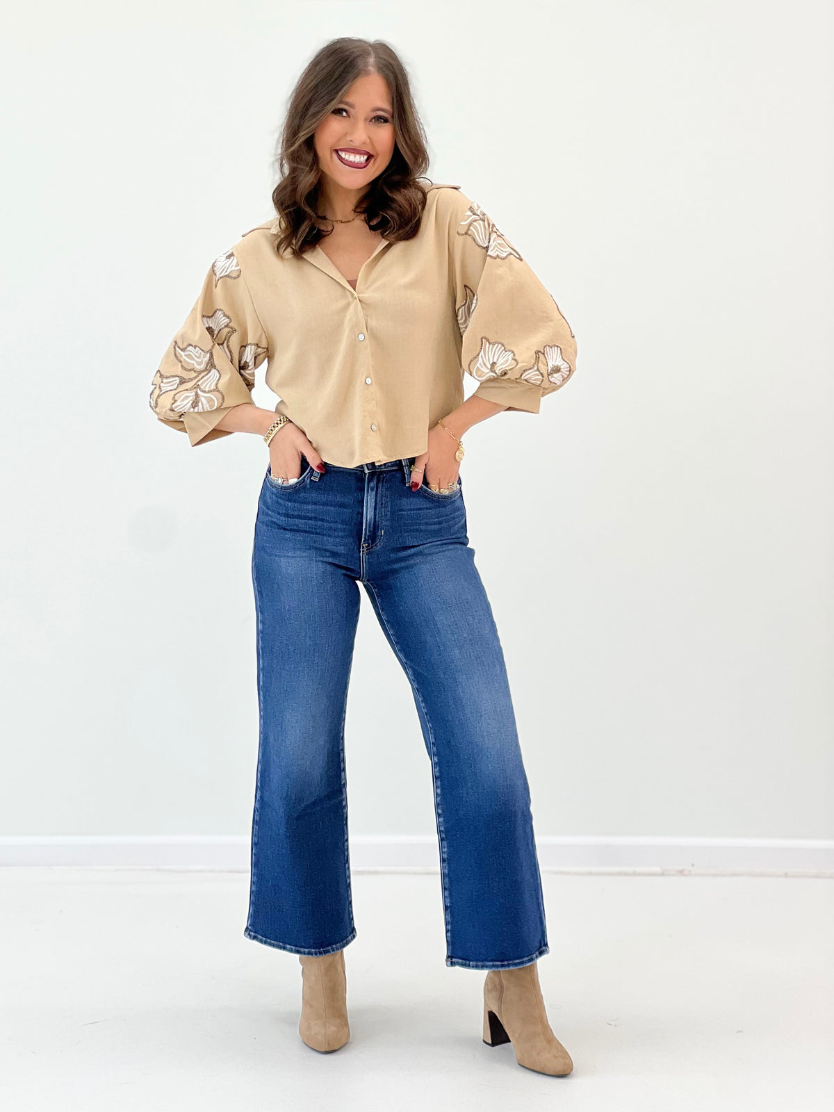 Taupe embroidered puff-sleeve button shirt with V-lapel front