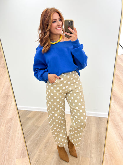 Blue off-shoulder sweatshirt with draped neckline and long sleeves