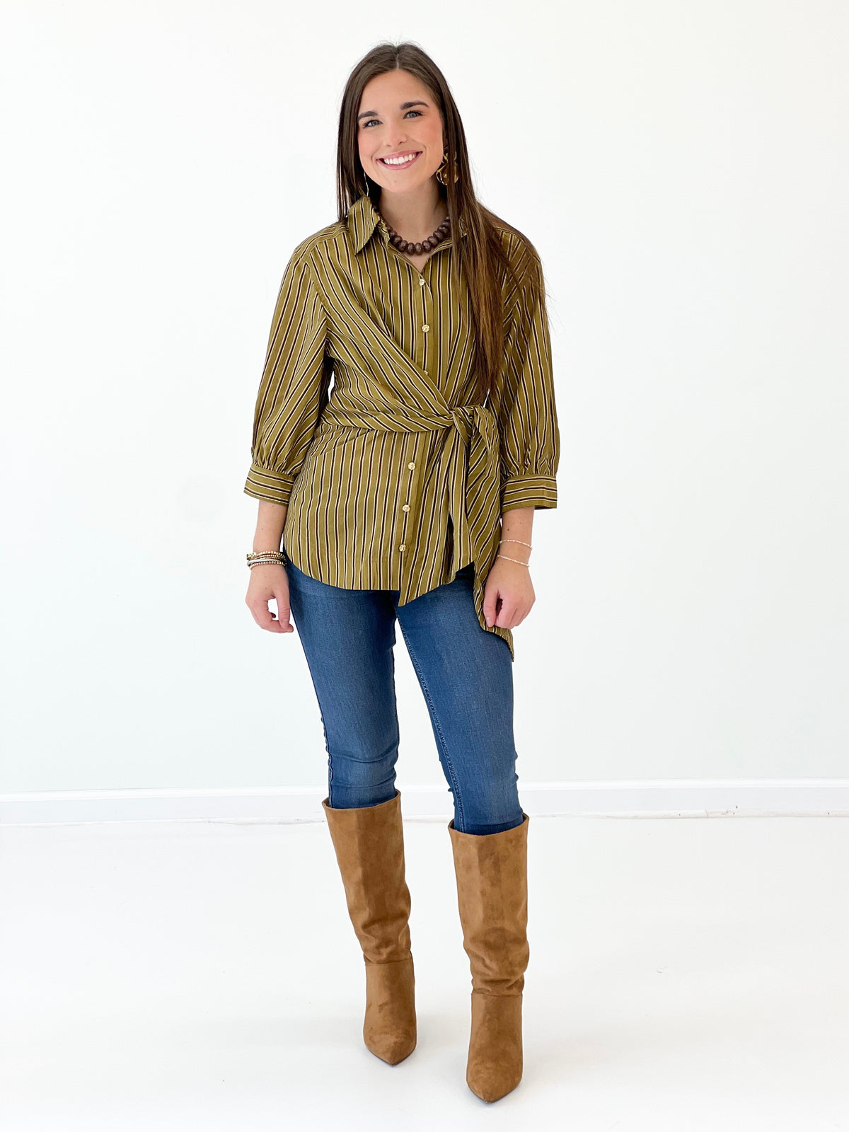 Olive striped wrap top with front buttons and belt tie, 3/4 sleeves