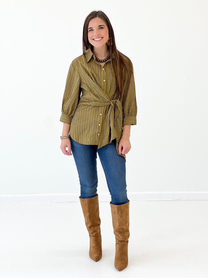 Olive striped wrap top with front buttons and belt tie, 3/4 sleeves