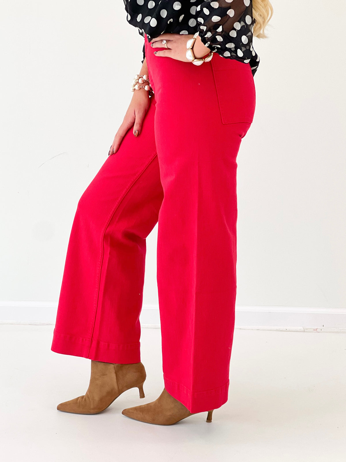 Women’s Cornell Red high-rise wide-leg ankle pants, side view with belt loops