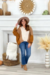 Taupe Combo V-Neck Seam Long Sleeve Top