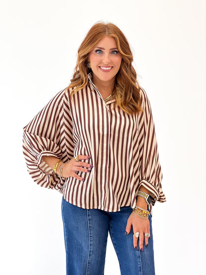 Women's striped button-down shirt with wide puff sleeves, burgundy and white vertical stripes