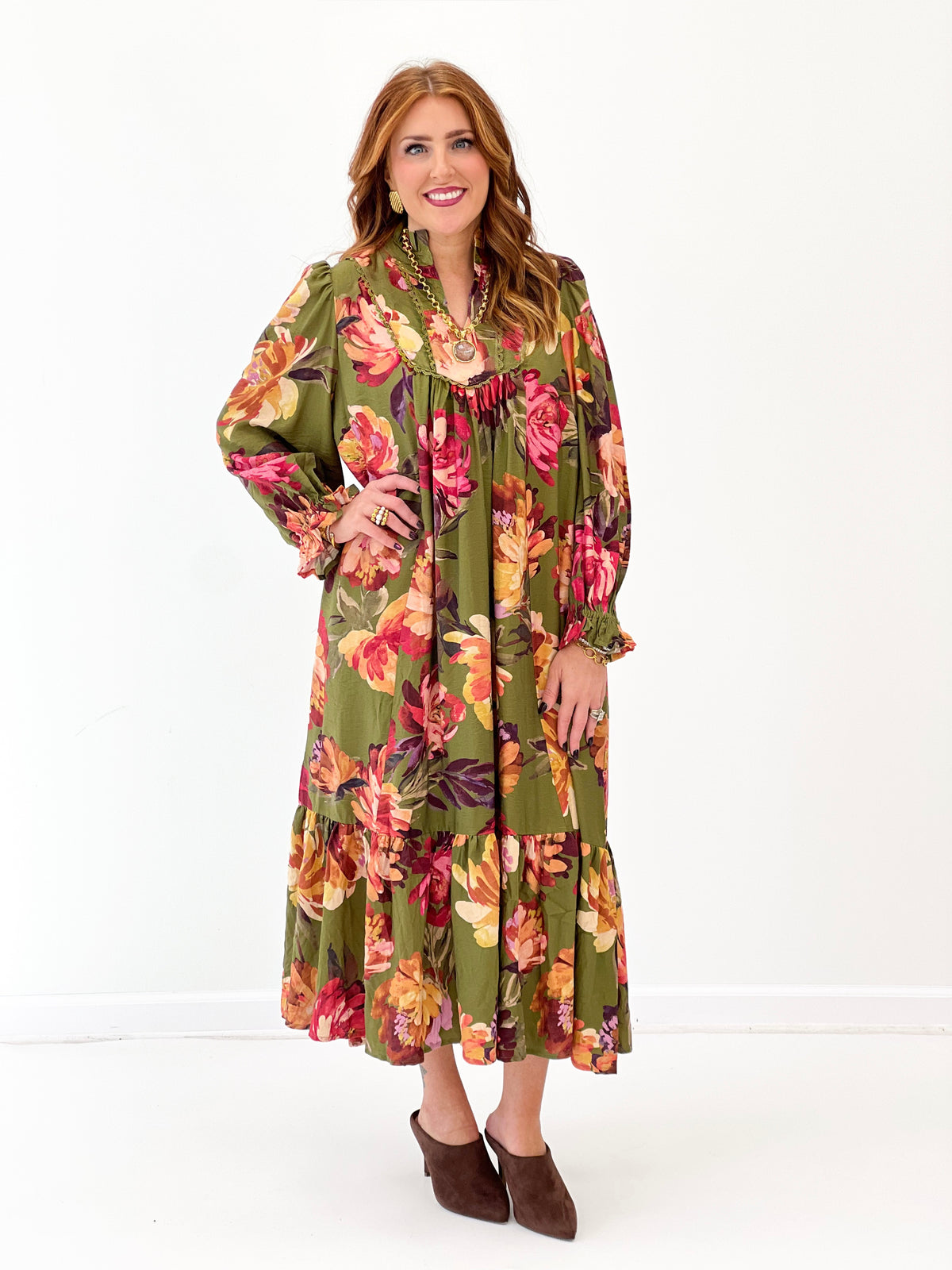 Umgee Floral Print Tiered Midi Dress