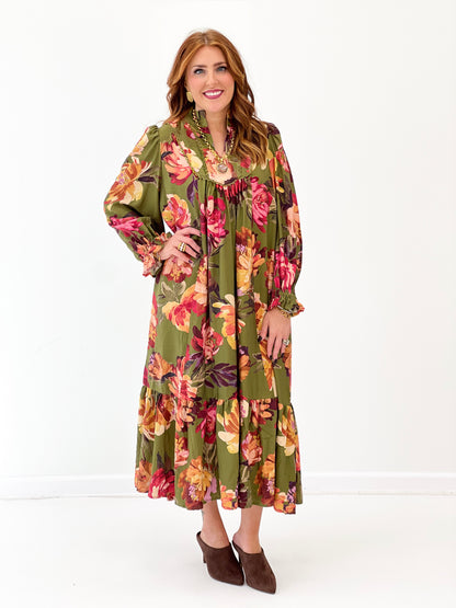 Umgee Floral Print Tiered Midi Dress
