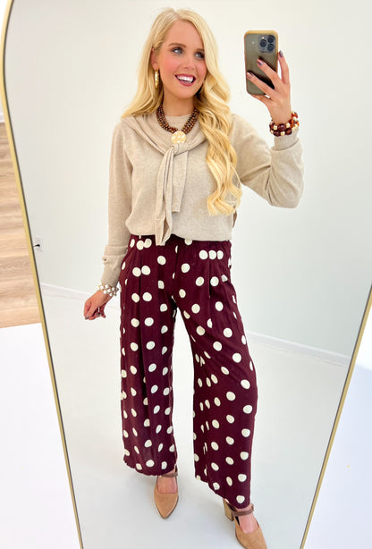Umgee Polka Dot High Waist Pleated Wide Leg Pants