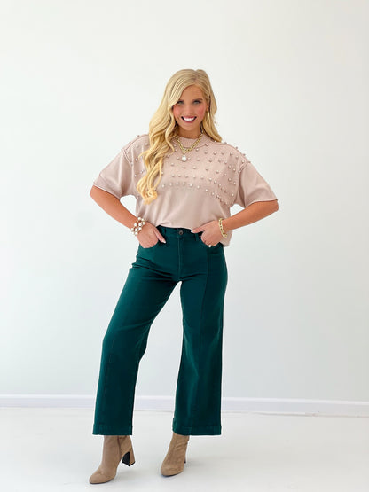 Hunter green high-rise crop wide-leg pants, standing front view, wide cropped design