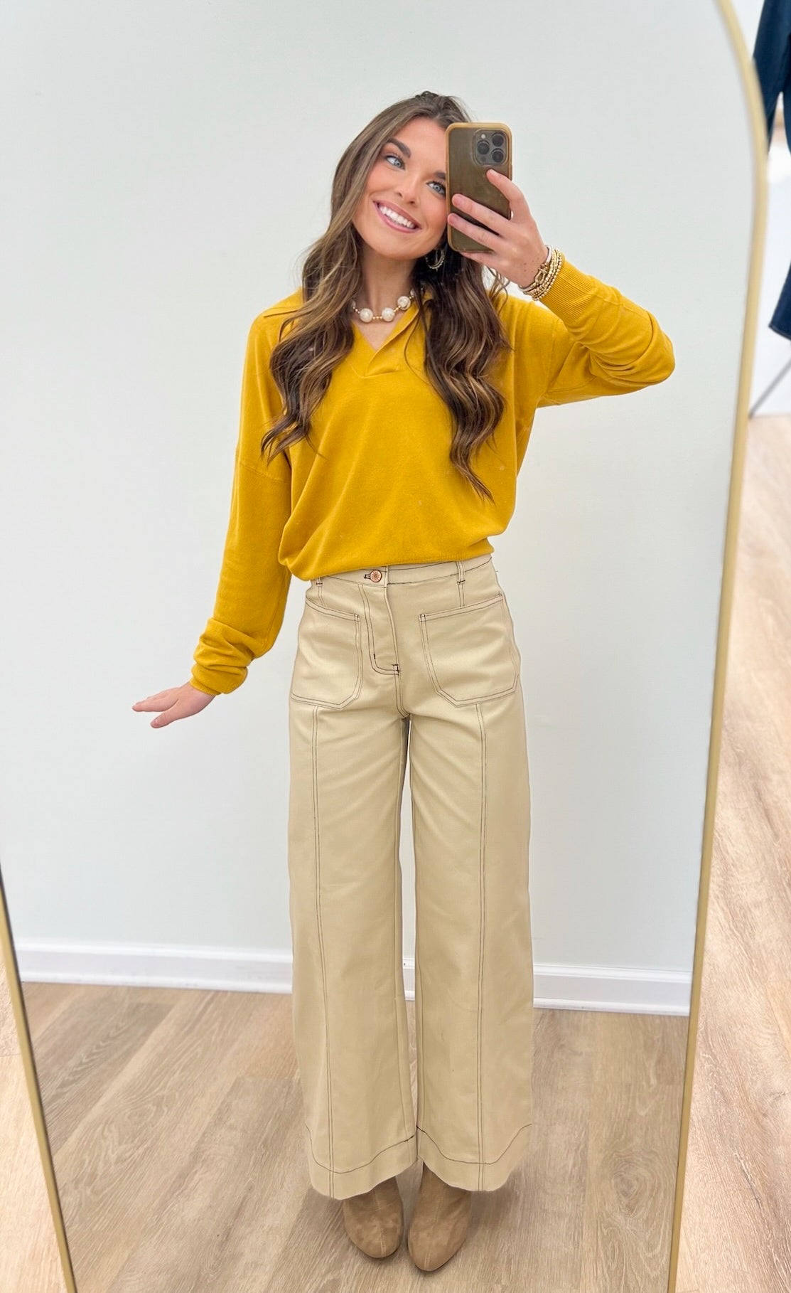 Mustard cashmere-blend johnny-collar long-sleeve top with relaxed fit