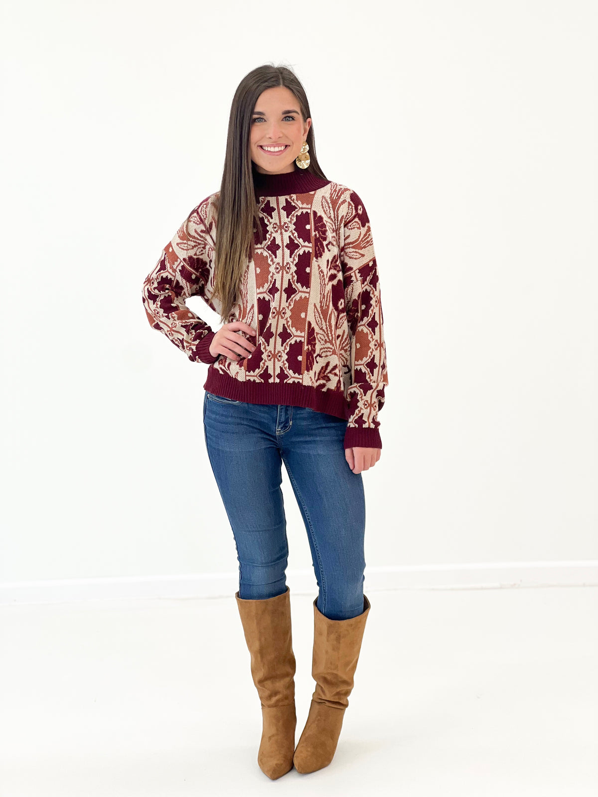 Wine tapestry knit sweater with floral motif, crew neck, long sleeves, relaxed fit