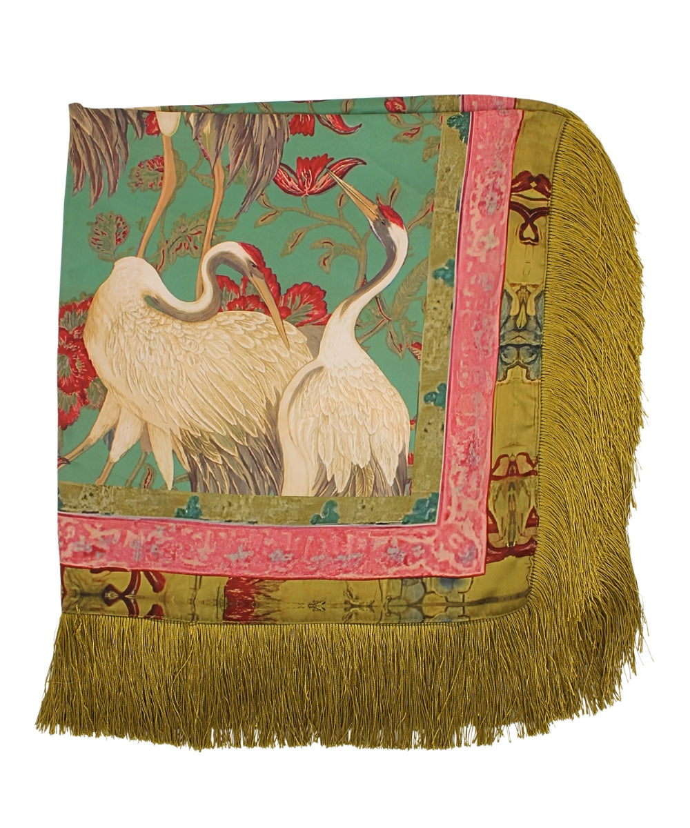 Golden Stella Crane Print Fringe Trim Scarf in Olive Multi