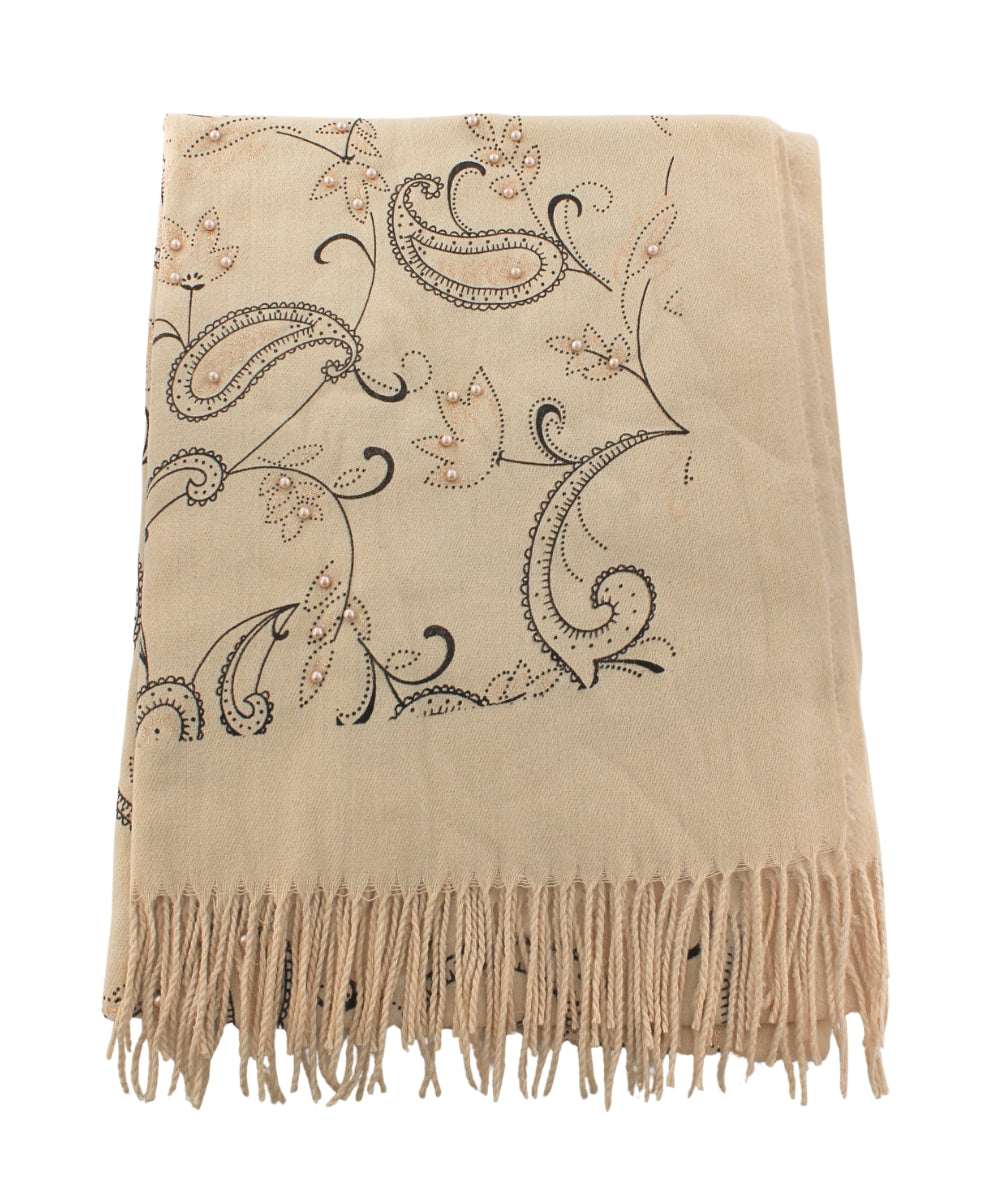 Golden Stella Printed Paisley Pearl Fringed Oblong Scarf in Beige