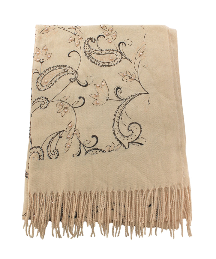Golden Stella Printed Paisley Pearl Fringed Oblong Scarf in Beige