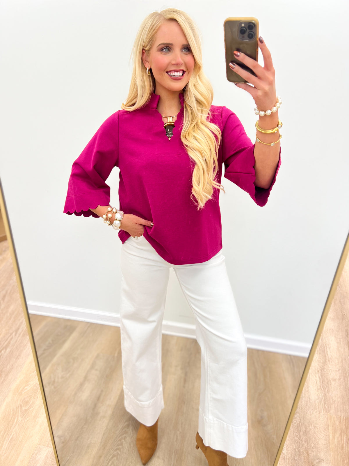 Scallop-trim V-neck 3/4 sleeve top with flared cuffs, magenta
