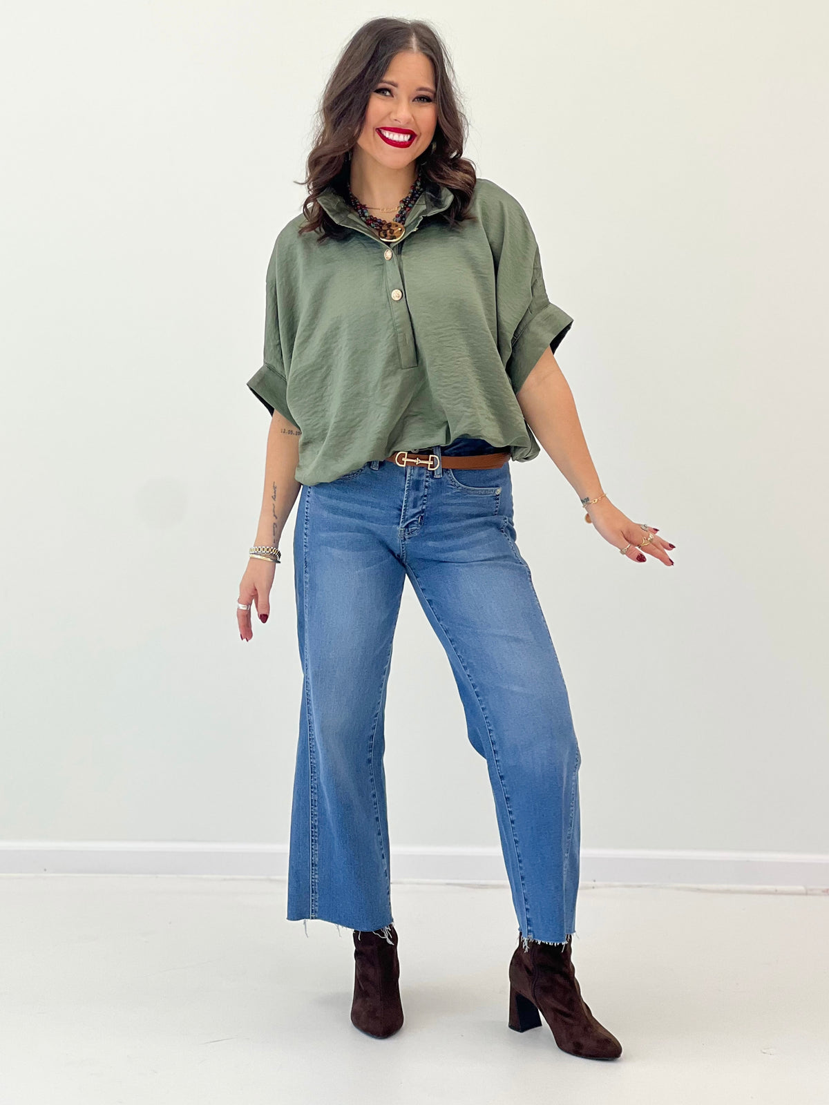 Olive stand-collar button-up short-sleeve blouse with cuffed sleeves