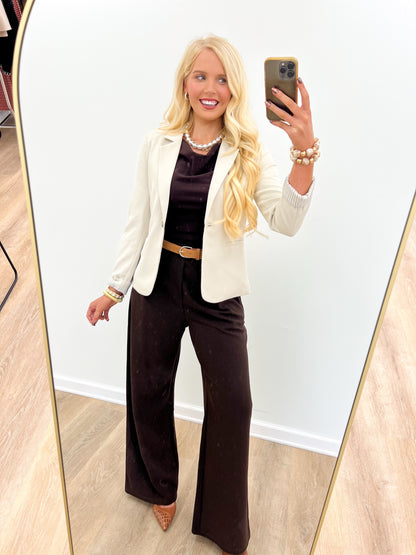Oat long-sleeve blazer with notch lapels and single gold button closure