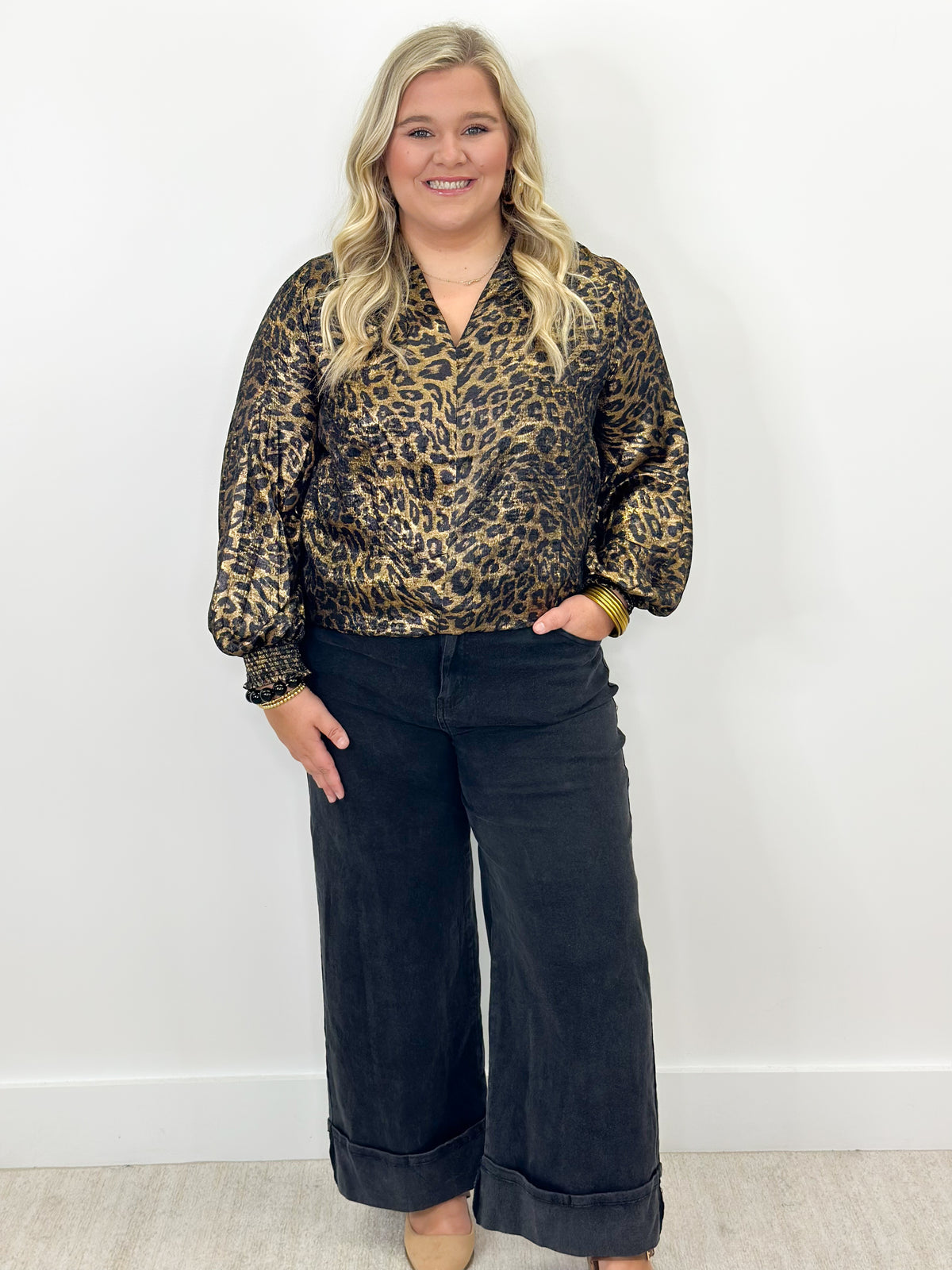 Gold/Black leopard V-neck top with long sleeves and shirred cuffs