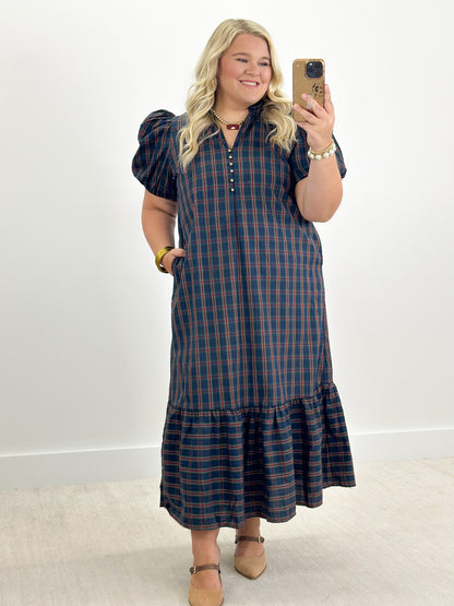 Navy plaid midi dress with puff sleeves and tiered ruffle hem