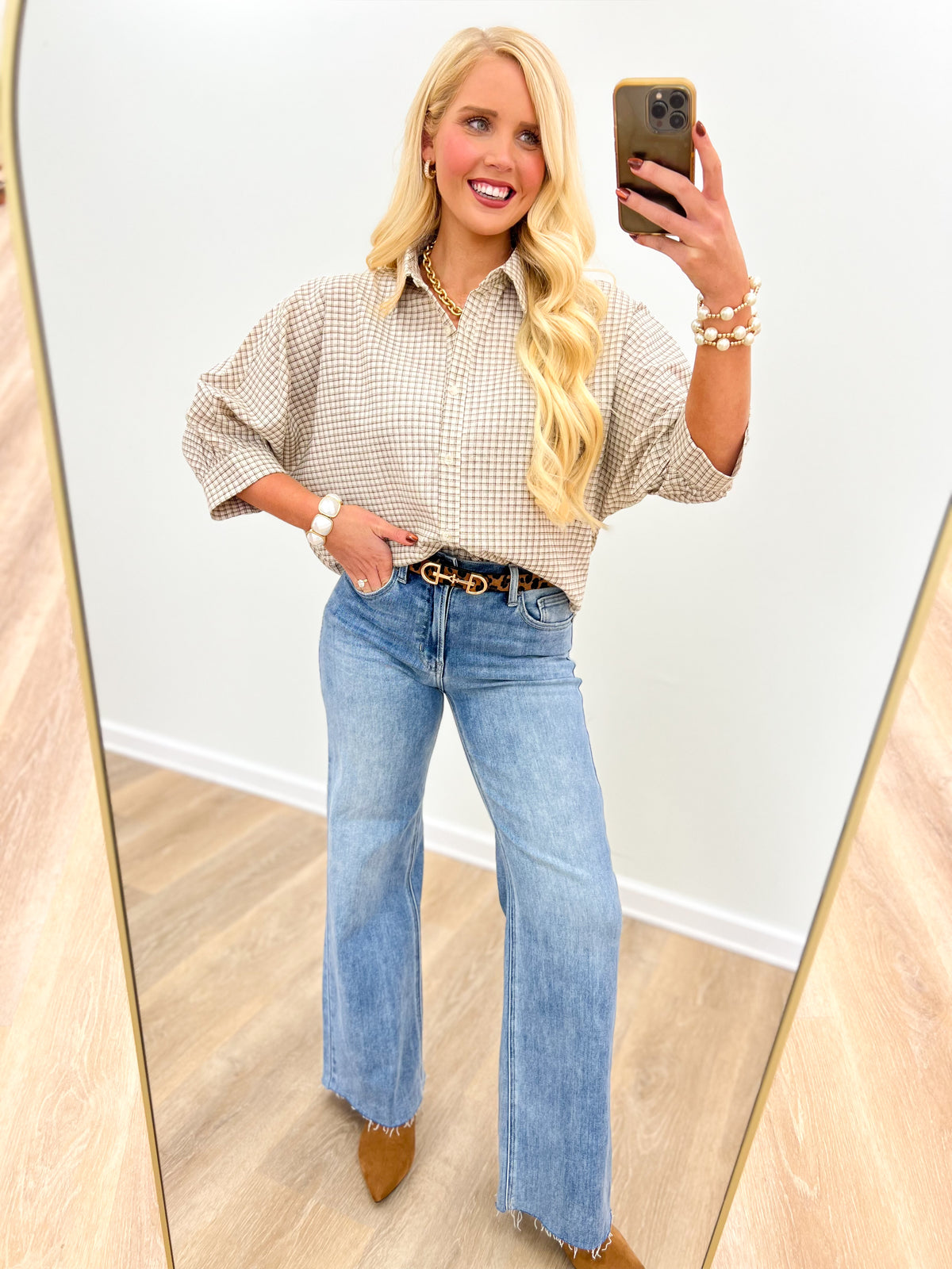 In February Micro Grid Plaid Dolman Button-Down Shirt