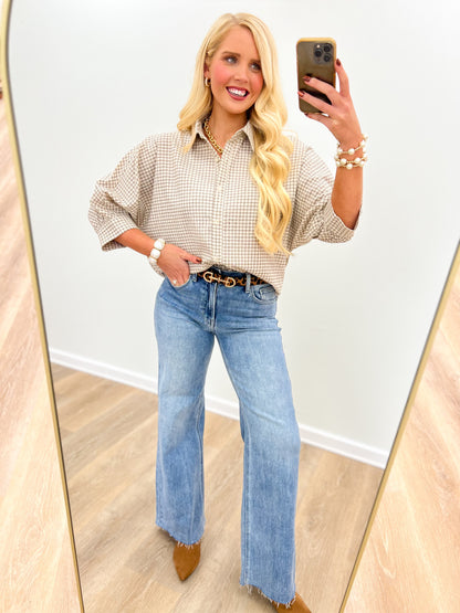 In February Micro Grid Plaid Dolman Button-Down Shirt