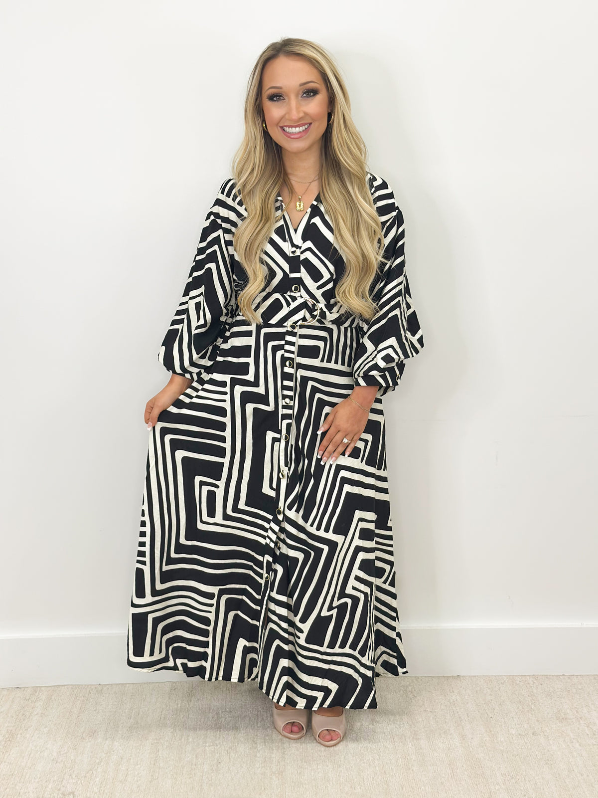 Collared button-down tie dress, black and white abstract maze print, tie waist
