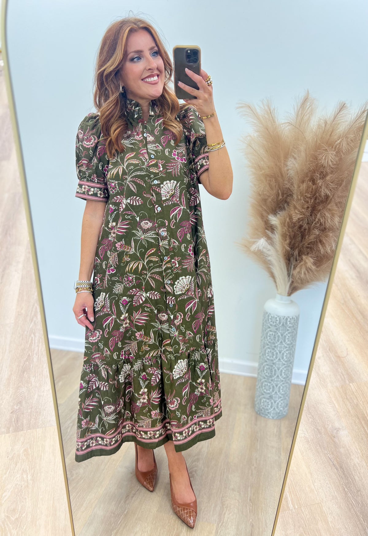 Olive ruffle high-neck border print midi dress with short sleeves, tiered skirt