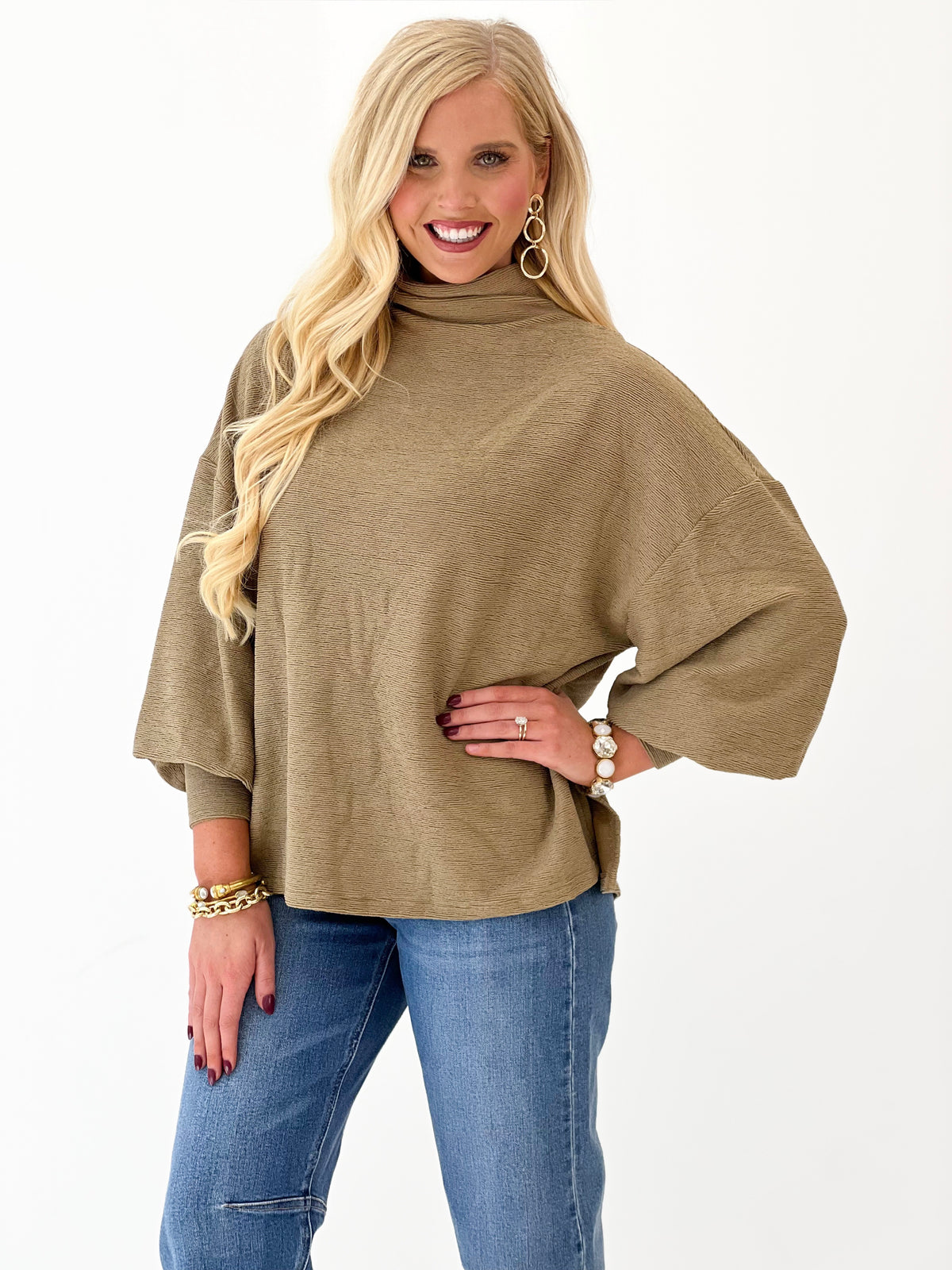 Mock neck balloon sleeve knit top, taupe