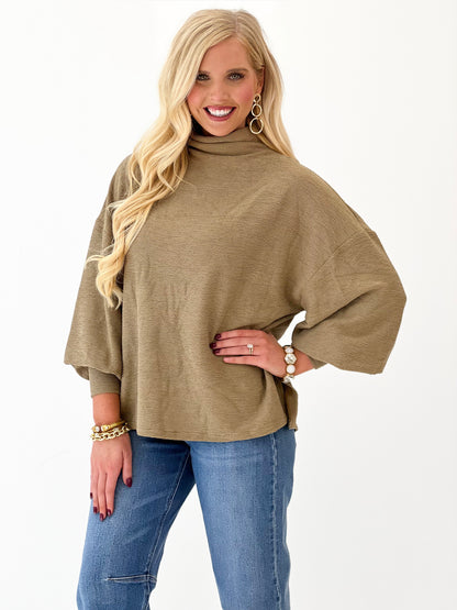 Mock neck balloon sleeve knit top, taupe