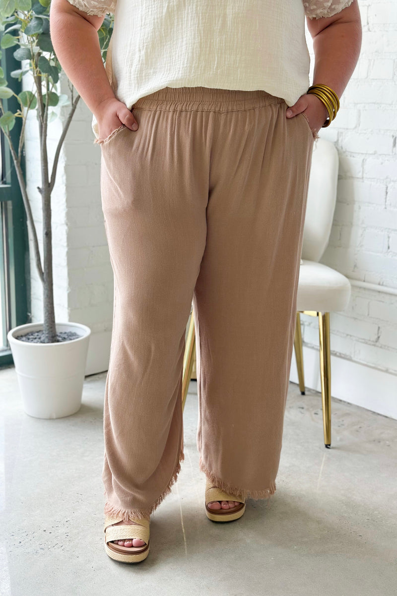 Latte Wide Leg Elastic Frayed Pants