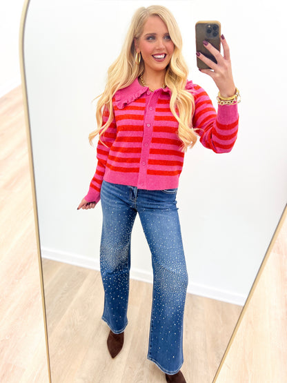High-rise wide-leg embellished jeans in dark navy with light speckle details