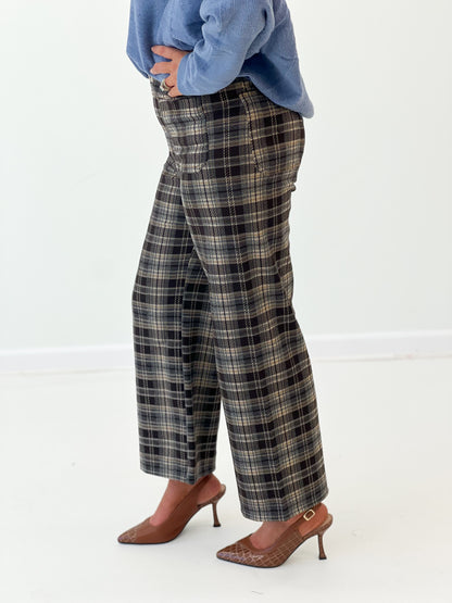 Plaid wide-leg pants with patch pockets, ankle-length wide hem