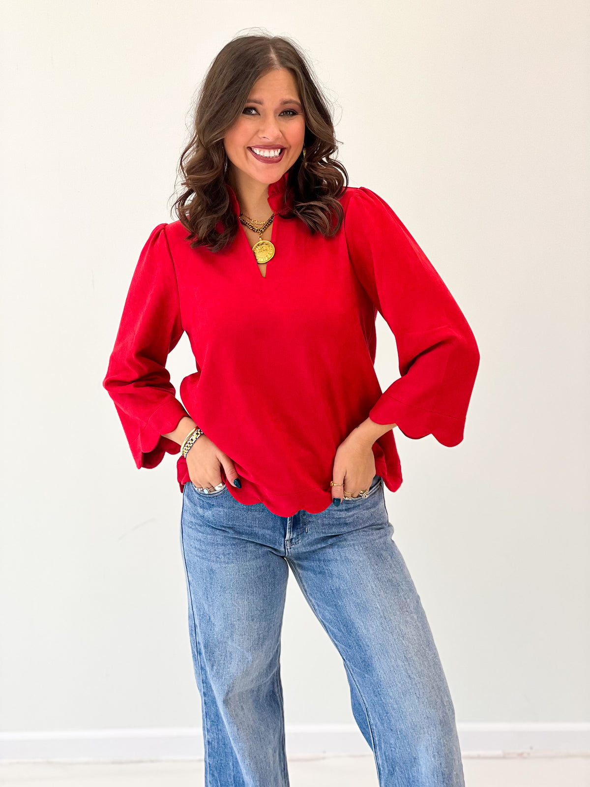 Jodifl Faux Suede Scallop Edge Ruffle Neck Top