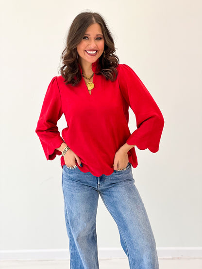 Jodifl Faux Suede Scallop Edge Ruffle Neck Top