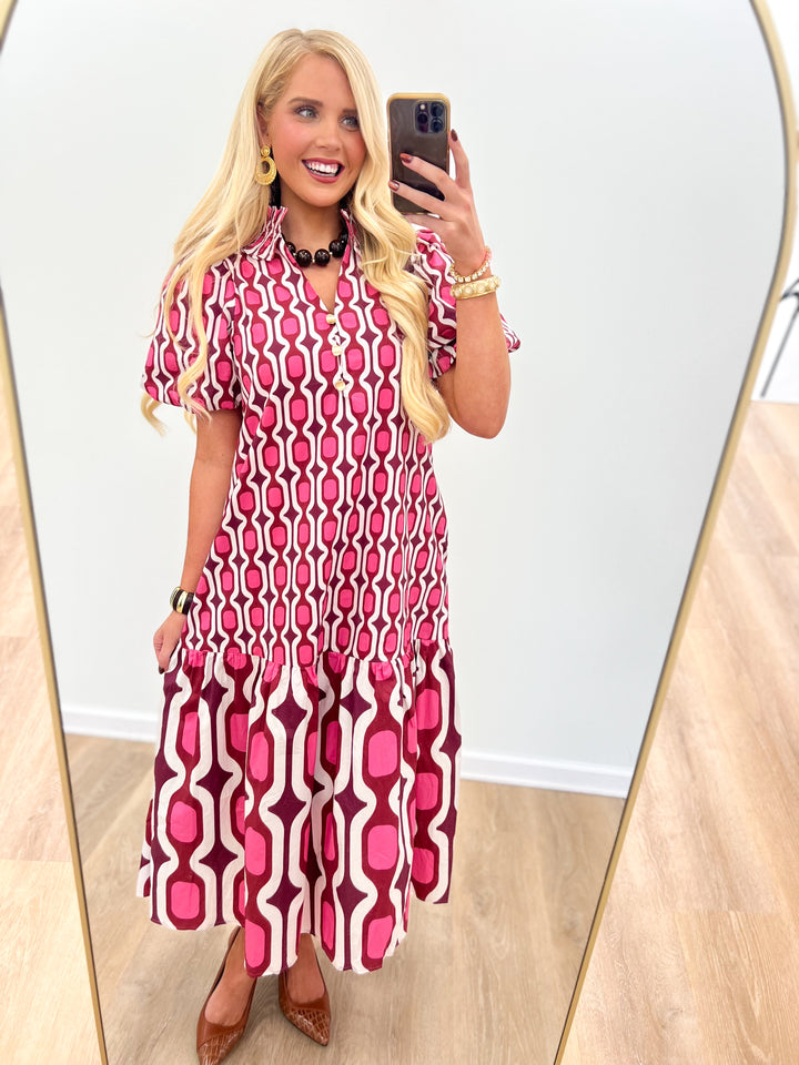 Berry patterned puff-sleeve midi dress, ruffle collar and tiered hem