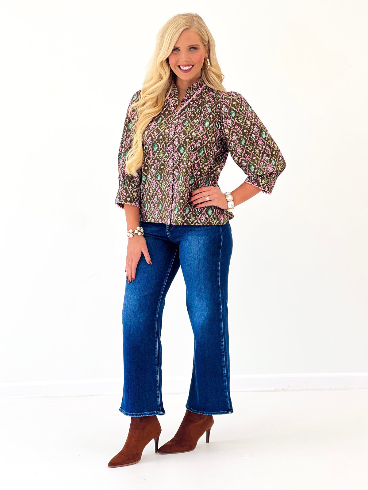 Jodifl Floral Ruffle Neck Button Down Top