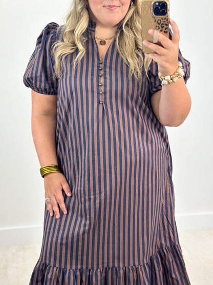Navy and brown striped midi dress with ruffle neck and puff sleeves