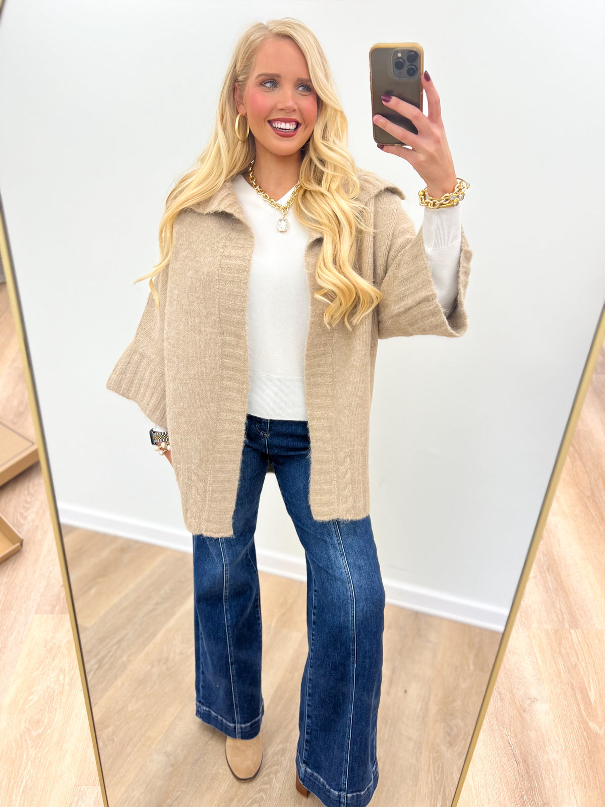 Oatmeal oversized ribbed knit open-front cardigan with shawl collar, mid-thigh length