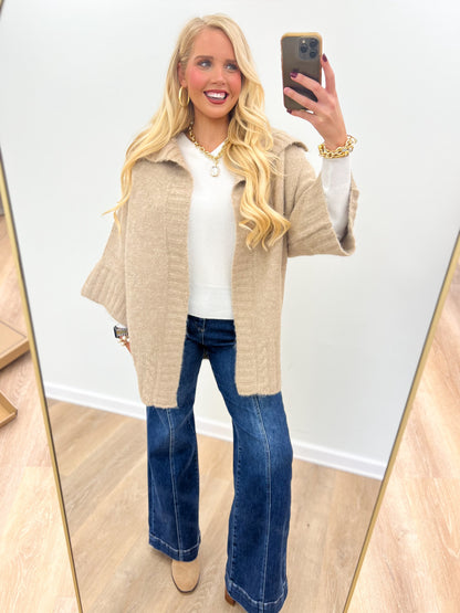 Oatmeal oversized ribbed knit open-front cardigan with shawl collar, mid-thigh length