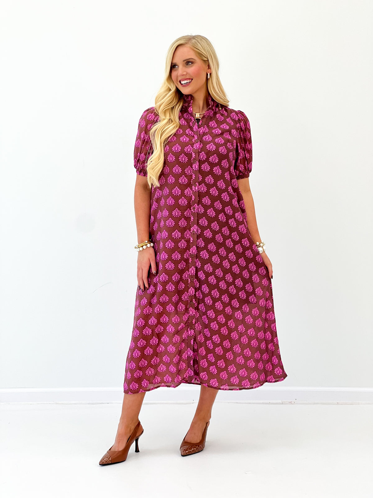 Magenta printed midi button-down dress with ruffled collar and full skirt