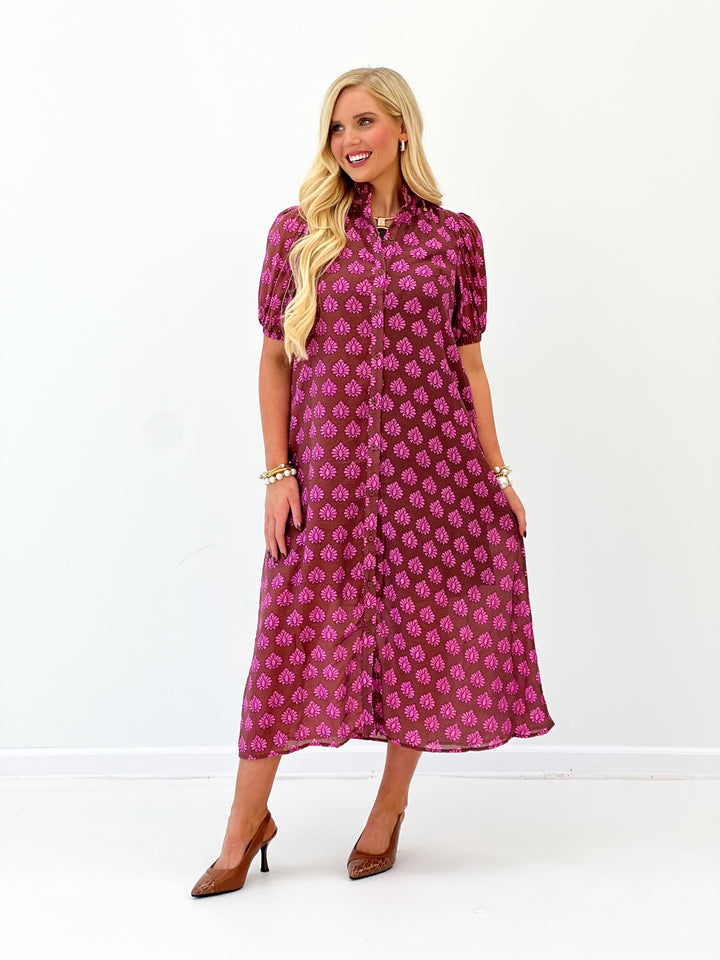 Magenta printed midi button-down dress with ruffled collar and full skirt