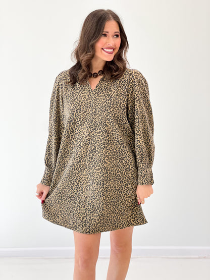 Leopard print long-sleeve V-neck tunic dress with puffed shoulders
