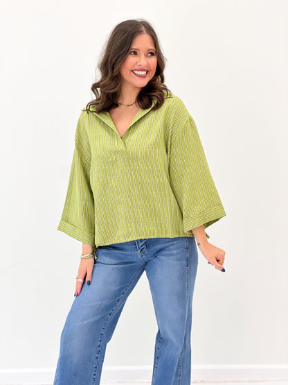 Glam Lapel Collar V-Neck Drawstring Hem Oversized Top