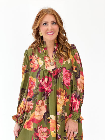 Umgee Floral Print Tiered Midi Dress