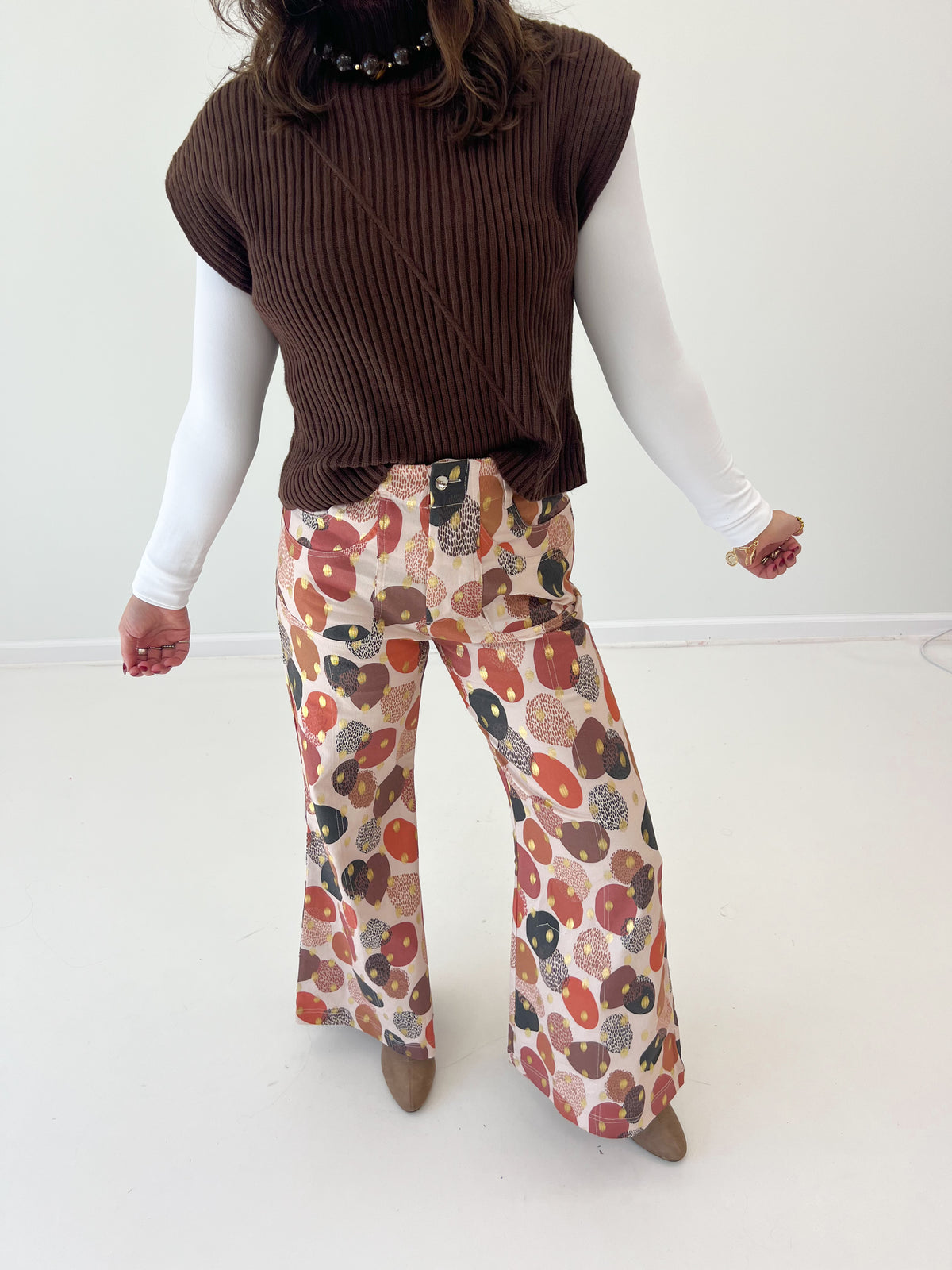 Wide-leg pants with multicolor abstract foil print and flared straight legs