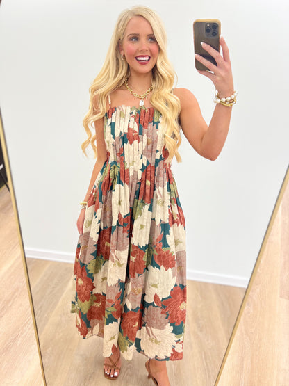 Floral pleated midi dress with sleeveless gathered bodice, multicolor autumn print