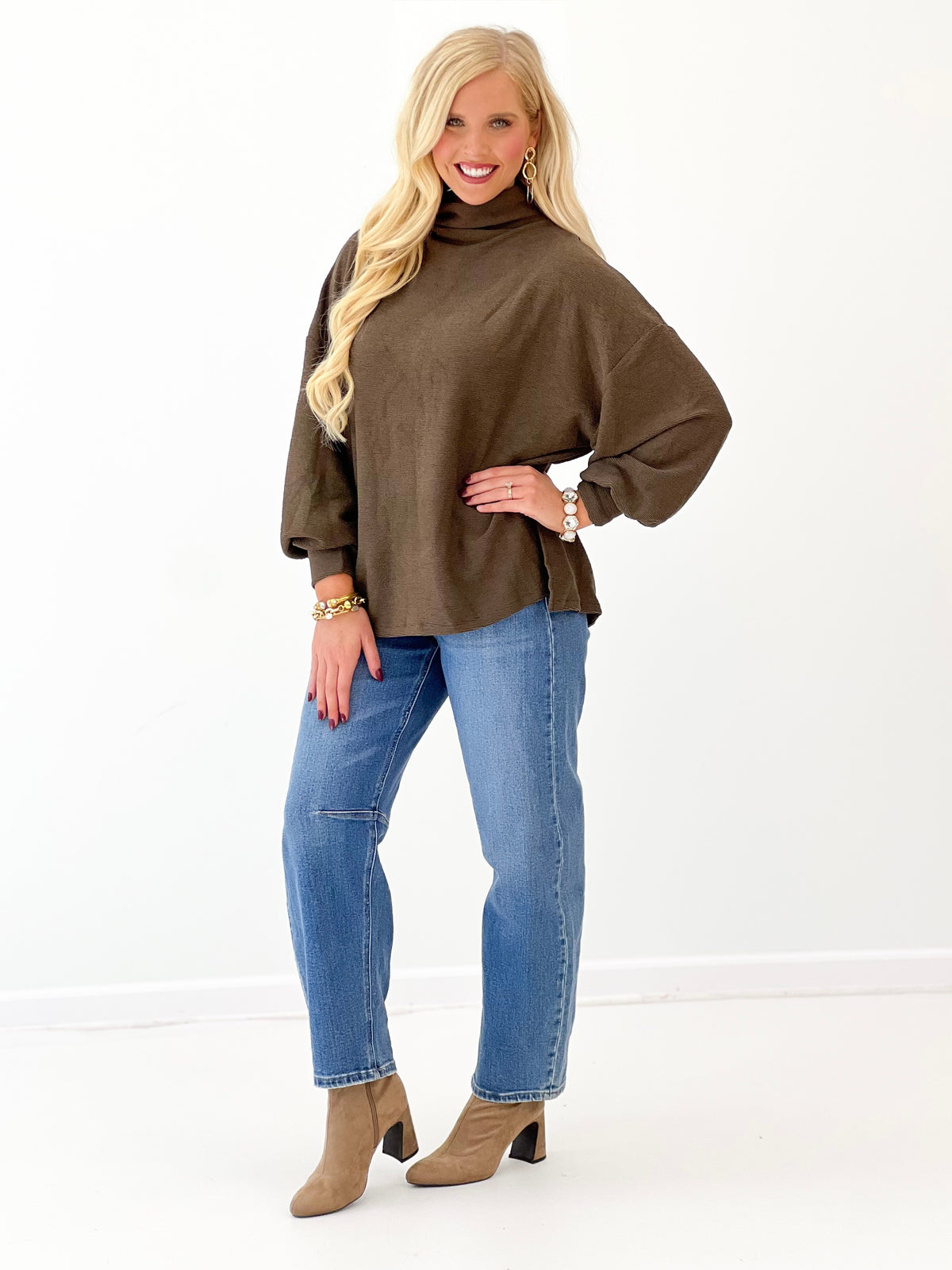 Mock neck balloon sleeve knit top, dark taupe