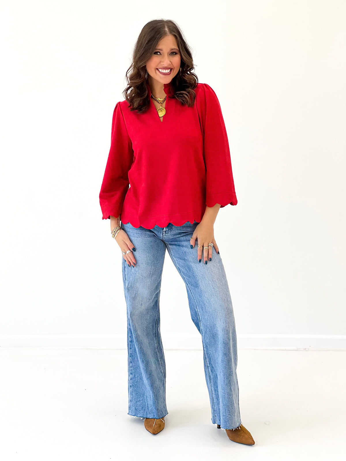 Jodifl Faux Suede Scallop Edge Ruffle Neck Top