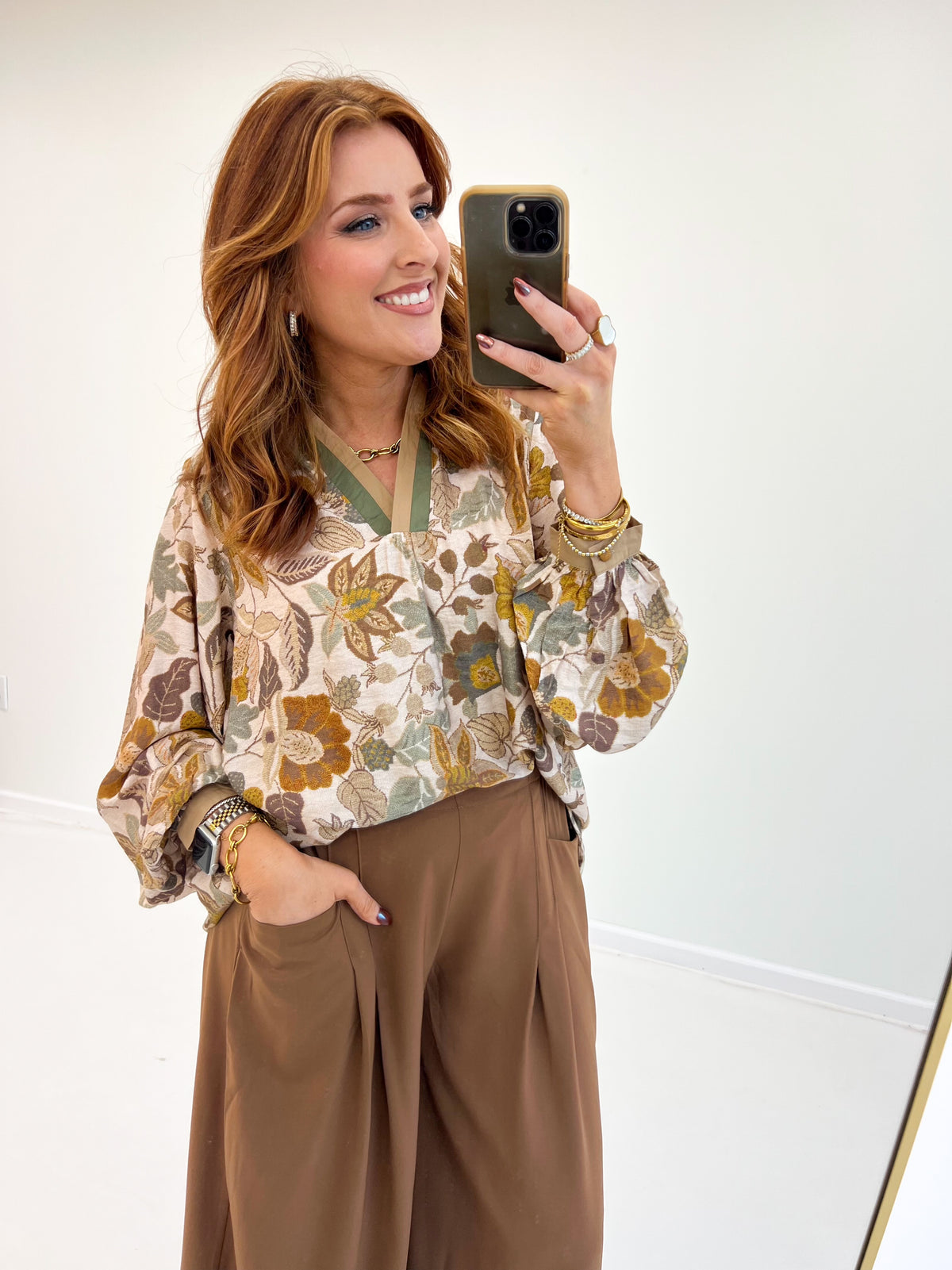 Umgee Floral Contrast Trim Long Sleeve Top