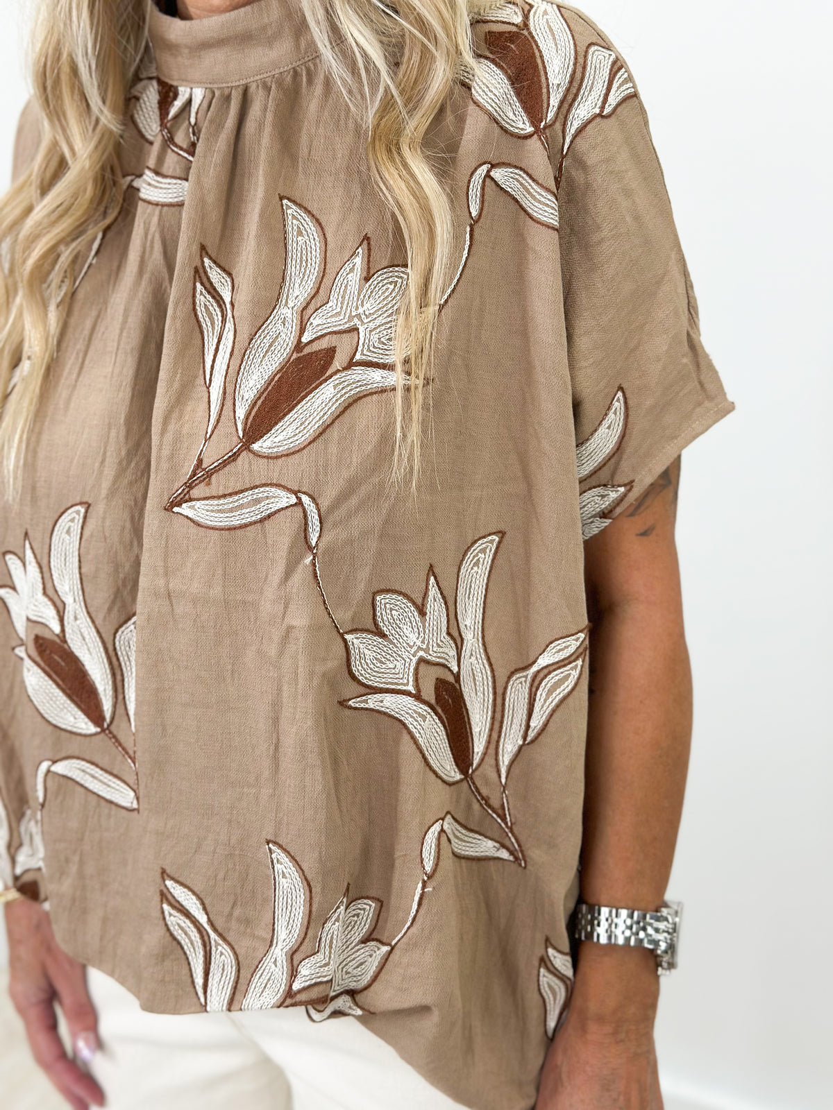 Umgee Embroidered Floral Mock Neck Dolman Sleeve Top