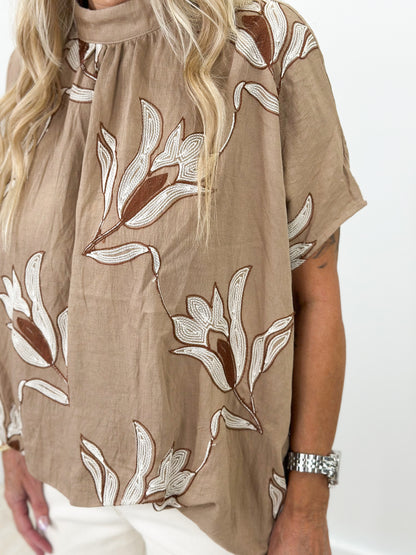Umgee Embroidered Floral Mock Neck Dolman Sleeve Top